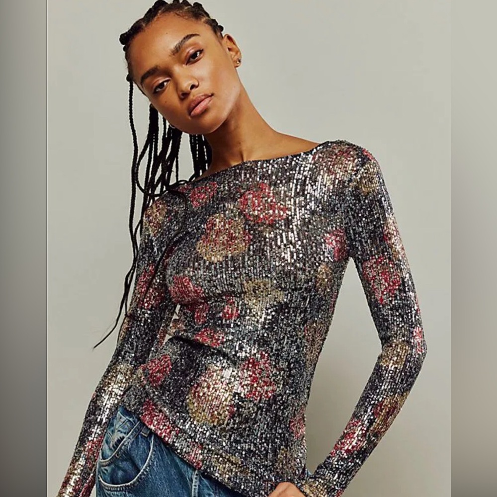 Free people Sequin Floral Long Sleeve Top